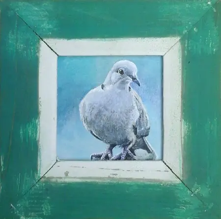 Liesbet Milort, Tortelduif, Acrylic on panel, 19x19 cm in old frame (work, 9x9 cm), €.125,-