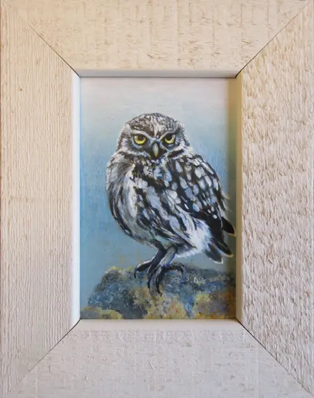 Liesbet milort, Uil, 125 euro, Acrylic on panel in frame, 15x10 cm (22x18 cm in frame