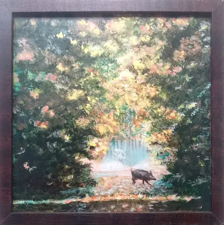 Liebet Milort, Wilde Ontmoeting, 195 euro, Acrylic and chalk in vintage frame, 15x15 cm