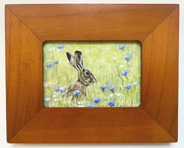 Liesbert Milort, Zomerhaasje, 150 euro, Acrylic on panel in vintage frame, 17x21 cm incl. frame