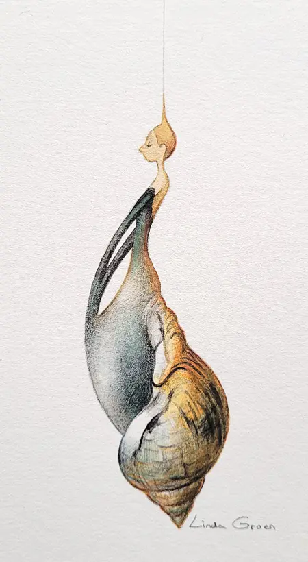 Linda Groen, Schelpenvrouw, 200 euro, Watercolour with coloured pencil in frame, 15x10 cm excl. frame and 33x20 in frame