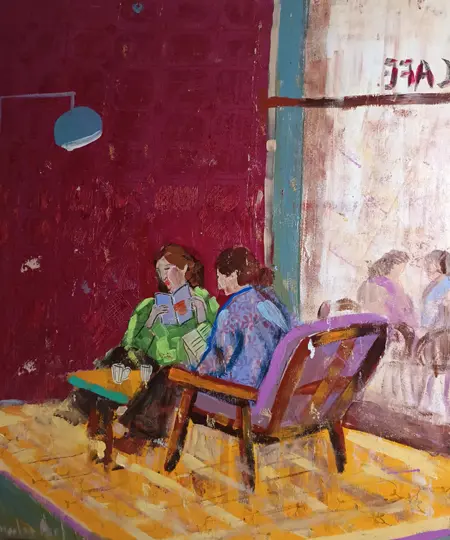 Lourdes Ral, Conversation in the café, 380 euro, Acrylic on wood, unframed, 60x51 cm
