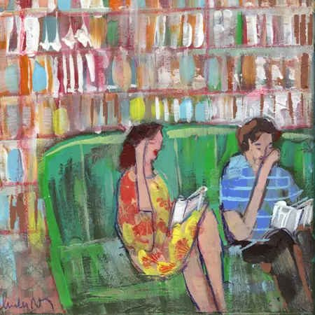 Lourdes Ral, Together, reading in the bookshop, 200 euro, Acrylic on wood, unframed, 20x20x3 cm