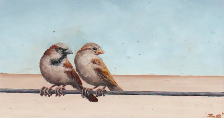 Marc van der Zwet, 2 mussen op draad, 290 euro, Oil on oak, unframed, 16x8x2 cm
