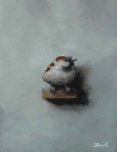 Marc van der Zwet, 220,-, manmus op plankje grijs, 8,3x10,8 cm, Oil on MDF in frame, 7210604