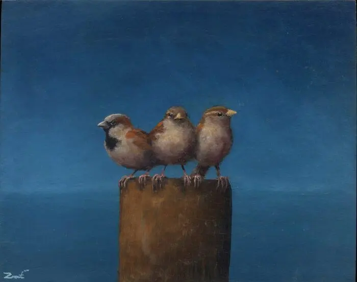 Marc van der Zwet, 3 mussen op paaltje, 350 euro, Oil on oak panel, unframed, 12,4x15,7 cm