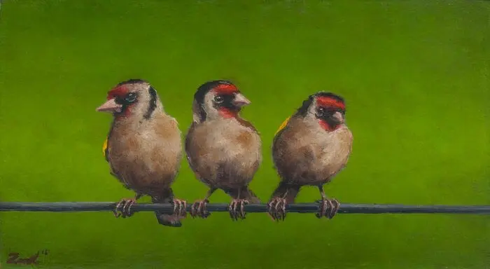Marc van der Zwet, 3 putters op groen, 290 euro, Oil on oak panel, unframed, 14,7x18 cm
