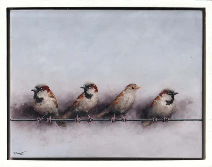 Marc van der Zwet, 4 mussen op draad, 520 euro, Oil in white wooden frame, 20,6x15,8 cm