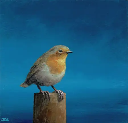 Marc van der Zwet, Afwachtend roodborstje, 250 euro, Oil on oak, unframed, 10,2x9,8 cm