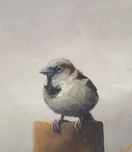 Marc van der Zwet, Attente manmus op paaltje, 160 euro, Oil on thick oak, unframed, 7,2x8,0 cm