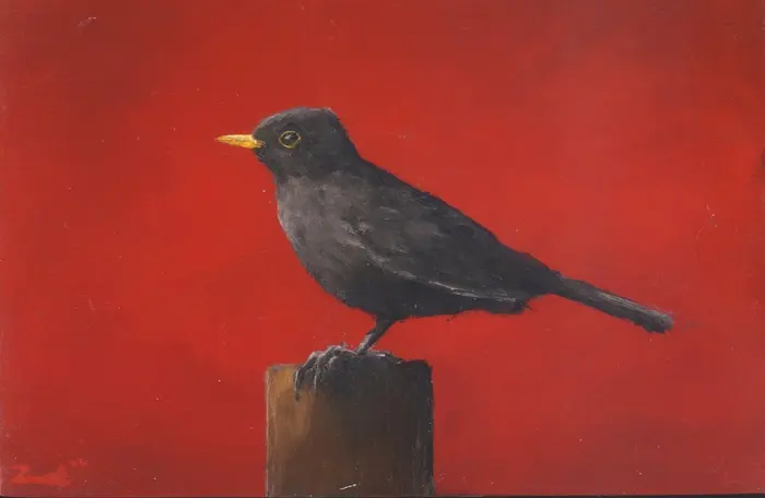Marc van der Zwet, Attente merel op paaltje, 290 euro, Oil on panel in bamboo frame, 83x13,3 cm