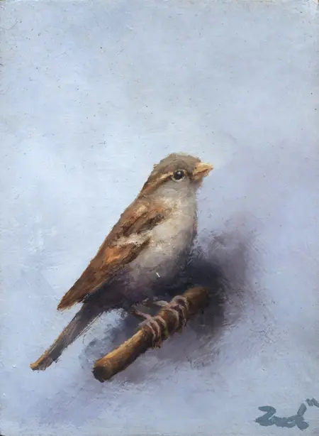 Marc van der Zwet, Attente vrouwmus op grijs, 190 euro, Oil on oak, unframed, 7x9,3 cm