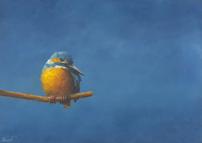 Marc van der Zwet, Beduusde IJsvogel op tak, 380 euro, Oil on oak, unframed, 18,5x13,3 cm