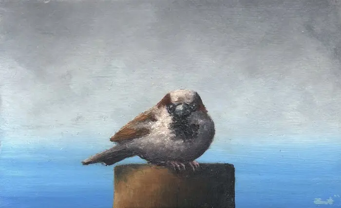 Marc van der Zwet, Boze manmus op paal, 270 euro, Oil on panel in frame, 13,3x8x2 cm