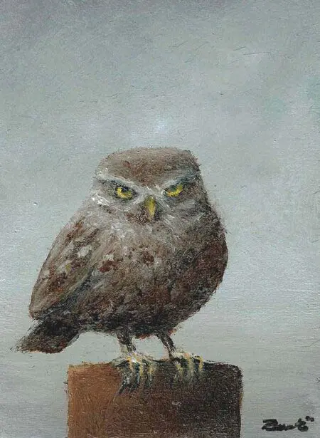 Marc van der Zwet, Boze Steenuil, 120,-, 4,7x5,4 cm, Oil on oak block, unframed, 7210612