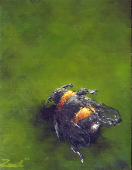 Marc van der Zwet, Dikke Hommel op groen, 200 euro, Oil on oak panel, unframed, 6,8x9 cm