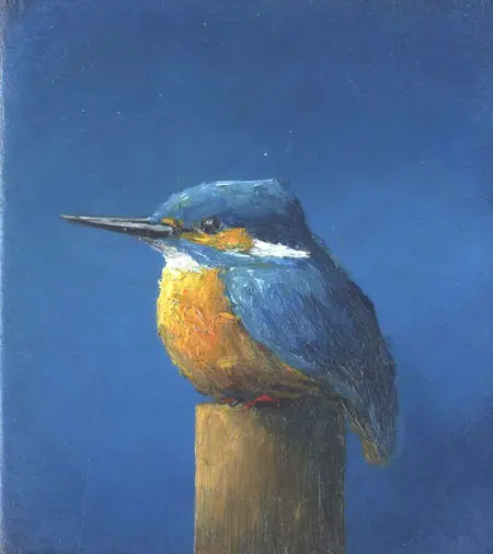 Marc van der Zwet, dikke ijsvogel op blauw 7220509, 140 euro, Oil on oak panel, unframed, 6,8x7,8cm