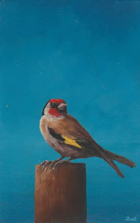 Marc van der Zwet, distelvink op paaltje, 280 euro, Oil on panel in bamboo frame, 14,8x9,7 cm