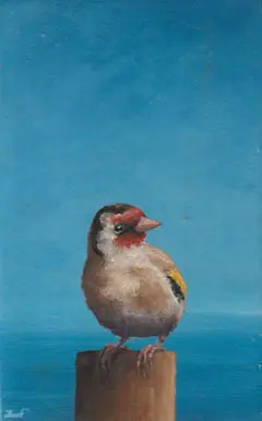 Marc van der Zwet, eigenwijze putter op paaltje, 260 euro, Oil on panel in wooden frame, 8,2x13,4 cm