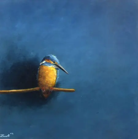 Marc van der Zwet, IJsvogel blauw vierkant, 410 euro, Oil on panel in white wooden frame, 17,1x17,1 cm