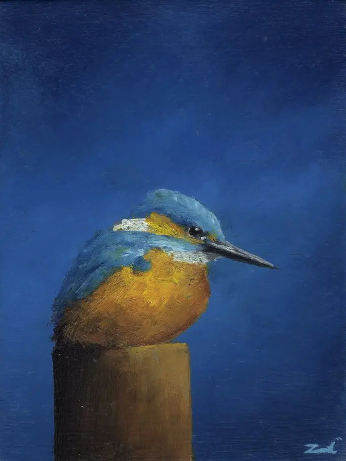 Marc van der Zwet, IJsvogel denkt na, 200 euro, Oil on MDF in frame, 8,3x11,1 cm
