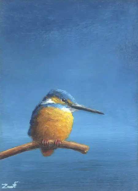 Marc van der Zwet, IJsvogel denkt na, 190 euro, Oil on oak panel, unframed, 7,4x9,8x2 cm