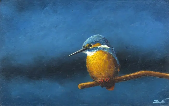 Marc van der Zwet, IJsvogel houdt het vol, 290 euro, Oil on panel in wooden frame, 13,3x8,4 cm