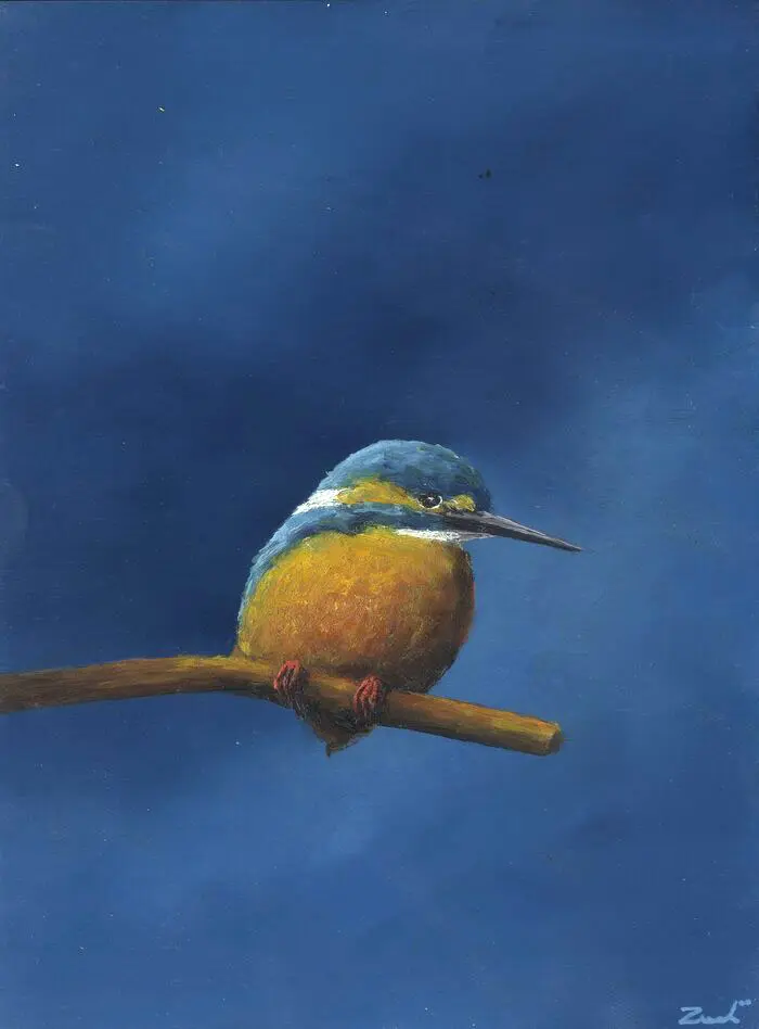 Marc van der Zwet, IJsvogel in verbazing, 370 euro, Oil on oak, unframed, 13,5x18,5 cm