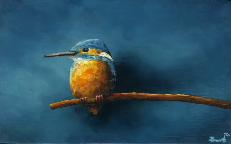Marc van der Zwet, IJsvogel is blij, 300 euro, Oil on panel in wooden frame, 13,2x8,2 cm