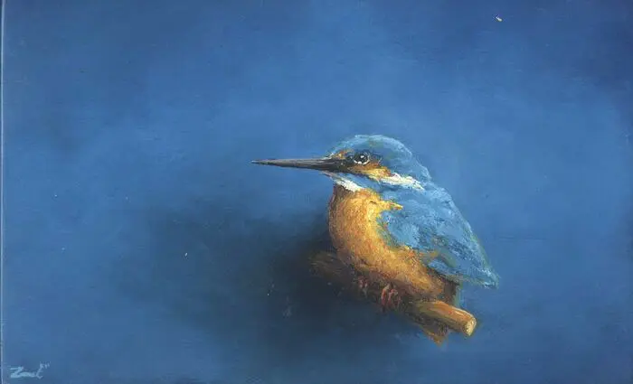 Marc van der Zwet, IJsvogel is boos, 290 euro, Oil on panel in frame, 13,4x8,3 cm