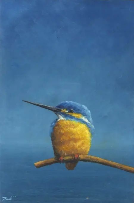 Marc van der Zwet, IJsvogel is brutaal, 390 euro, Oil on oak panel, unframed, 13,5x20,6 cm
