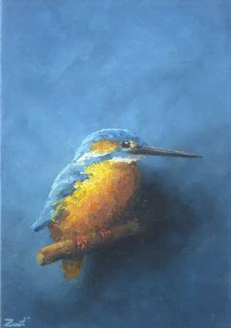 Marc van der Zwet, IJsvogel is gespitst, 300 euro, Oil on oak panel in frame, 8,3x13,3 cm