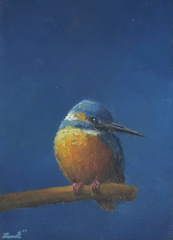 Marc van der Zwet, IJsvogel kijkt terud, 170 euro, Oil on oak panel, unframed, 7,8x9,4 cm