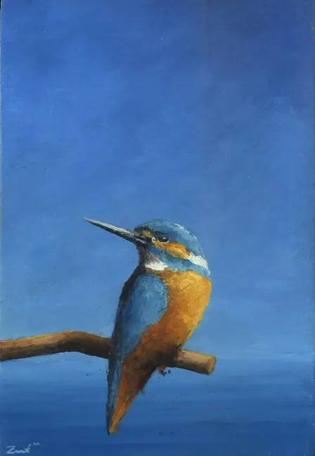 Marc van der Zwet, IJsvogel kijkt terug, 300 euro, Oil on oak, unframed, 16x11 cm