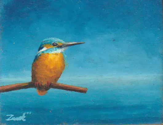 Marc van der Zwet, IJsvogel met blauwe horizon, 200 euro, Oil on oak, unframed, 9,5x7 cm
