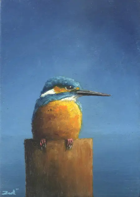 Marc van der Zwet, IJsvogel op paaltje, 200 euro, Oil on panel in frame, 8x10,8 cm