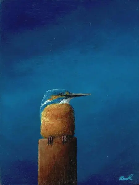 Marc van der Zwet, IJsvogel op paaltje, 8,4x11,2 cm, €.195,-, Oil on MDF in frame