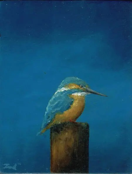 Marc van der Zwet, IJsvogel op paaltje, 8,6x11,2 cm, €.195,-, Oil on MDF in frame