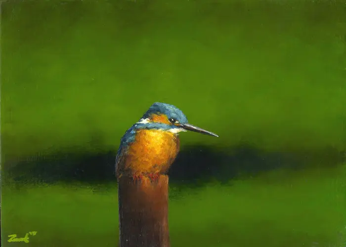 Marc van der Zwet, IJsvogel op paaltje op groen, 380 euro, Oil on panel, unframed, 17,3x12,4 cm