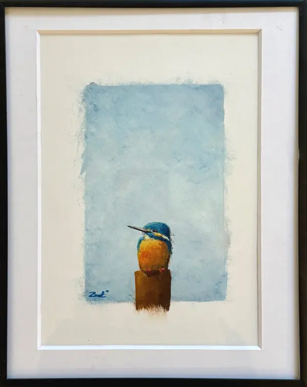 Marc van der Zwet, IJsvogel op paaltje, 160 euro, Oil on paper in vintage frame, 25x20 cm 15x10 cm excl. frame