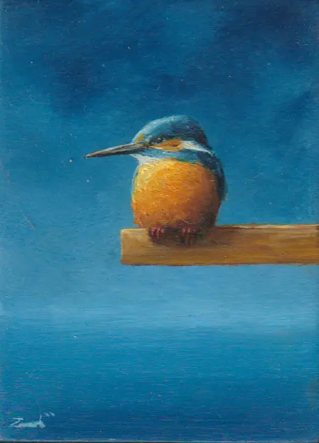 Marc van der Zwet, IJsvogel op plankje, 195 euro, Oil on panel in bamboo frame, 8x11 cm