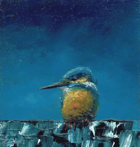 Marc van der Zwet, ijsvogel op rand op blokje, 90 euro, Oil on oak panel, unframed, 5,2x5,2 cm