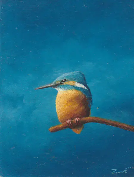 Marc van der Zwet, IJsvogel op tak, 195 euro, Oil on panel in bamboo frame, 10,8x8,3 cm