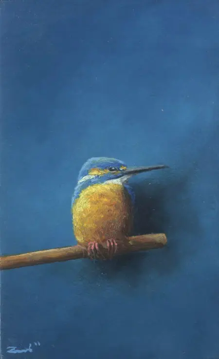 Marc van der Zwet, IJsvogel op tak blauw 7220919, 280 euro, Oil on MDF in bamboo frame, 8,3x13.3 cm