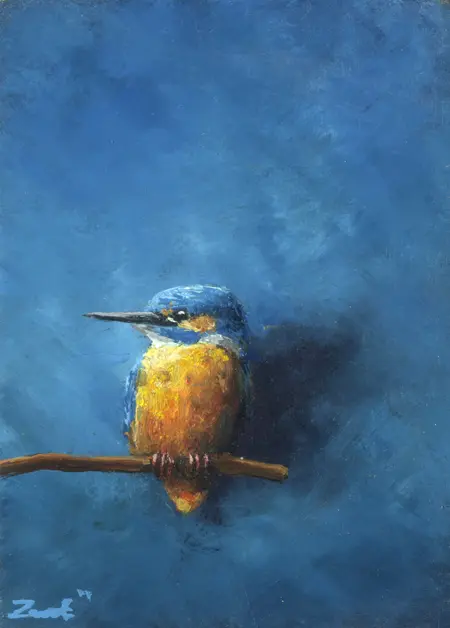 Marc van der Zwet, ijsvogel op tak blauw, 200 euro, Oil on oak, unframed, 7x9,6x2,5 cm