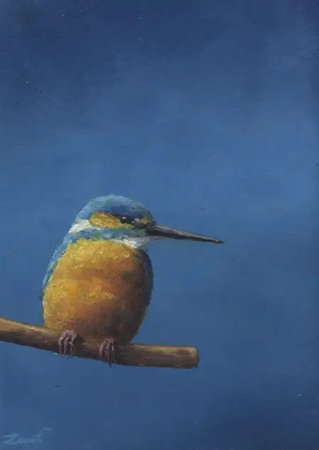 Marc van der Zwet, IJsvogel op tak op blauw, 200 euro, Oil on panel in wooden frame, 8,3x11,2 cm