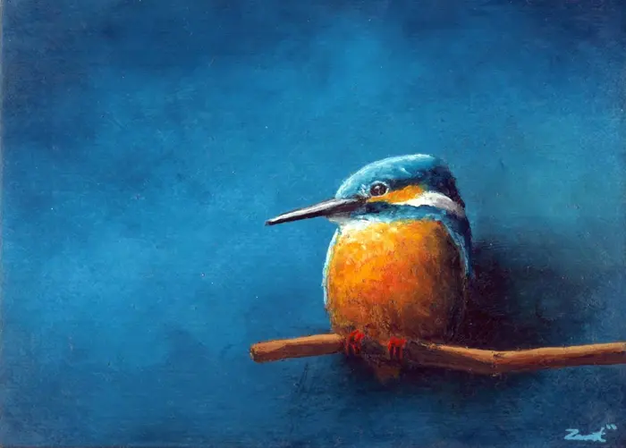 Marc van der Zwet, IJsvogel op tak op blauw, 300 euro, Oil on oak, unframed, 14x10 cm