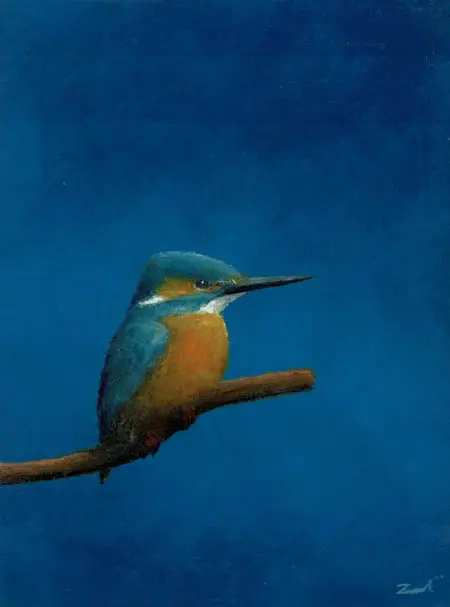 Marc van der Zwet, IJsvogel op tak op eik, Oil on panel, 16,8x12,5 cm, €.280,-
