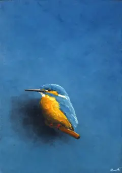 Marc van der Zwet, IJsvogel op takje zoekt contact, 320 euro, Oil on oak panel, unframed, 14,4x17,7x3cm
