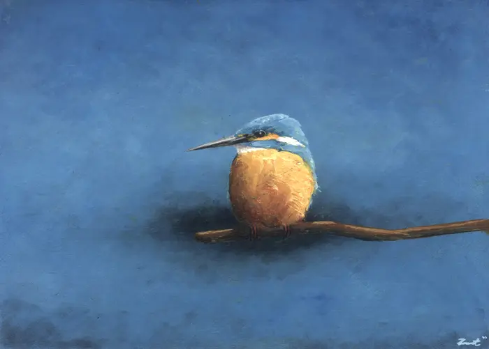Marc van der Zwet, IJsvogel op takje, 350 euro, Oil on oak panel, unframed, 18,4x13,5x3 cm